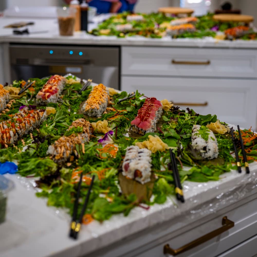 Large sushi catering display for an event in Gainesville, Florida.