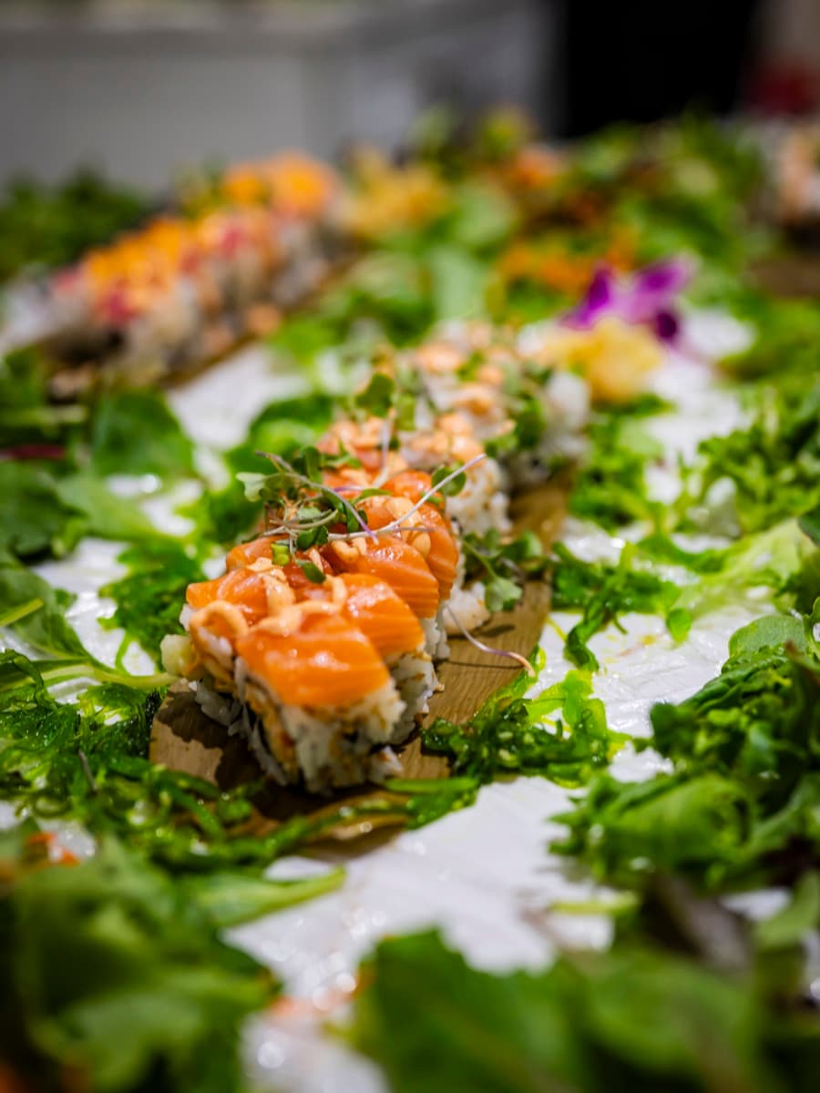 Hand-cut salmon and tuna nigiri from a private sushi catering event in Gainesville.